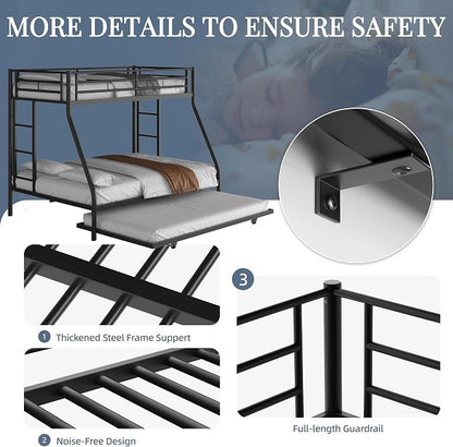 Shintenchi Bunk Bed Twin Over Full Size with Trundle, Heavy-Duty Twin&Full Frame with Full-Length Guardrail and Two Ladders, Triple for Kids, Teens and Adults, Space-Saving, Black