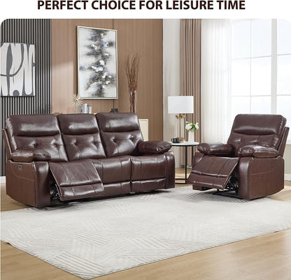 CANMOV Genuine Leather Power Recliner Sofa Set,Two Power Recliner Chair and Sofa Set, 3 Pieces Leather Couch with Hidden Cup Holders, USB Ports, for Living Room, Dark Brown