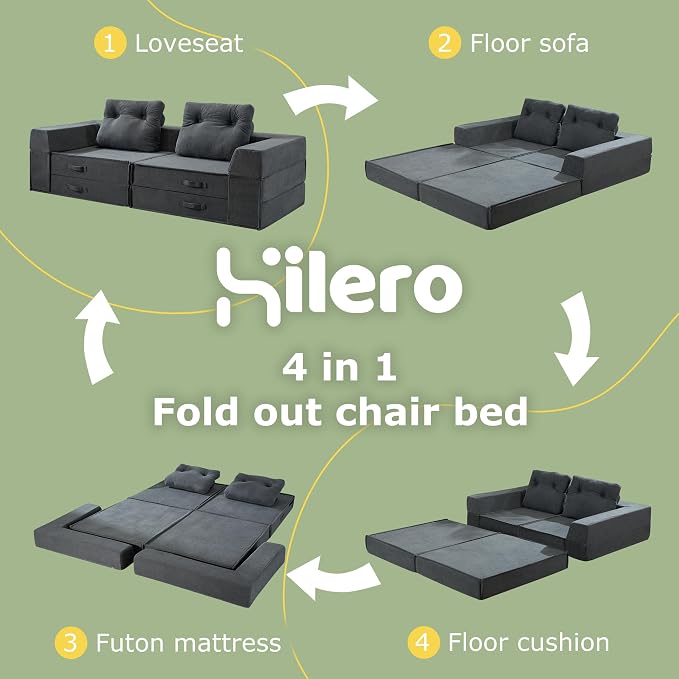 Folding Sofa Bed, 4 in 1 Convertible Sleeper Chair with Pillow, Loveseat Memory Foam Fold Out Chair Bed, Modern Floor Futon Sofa Couch Mattress for Living Room/Guest/Apartment, Black Grey | Compressed sofa