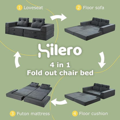 Folding Sofa Bed, 4 in 1 Convertible Sleeper Chair with Pillow, Loveseat Memory Foam Fold Out Chair Bed, Modern Floor Futon Sofa Couch Mattress for Living Room/Guest/Apartment, Black Grey | Compressed sofa