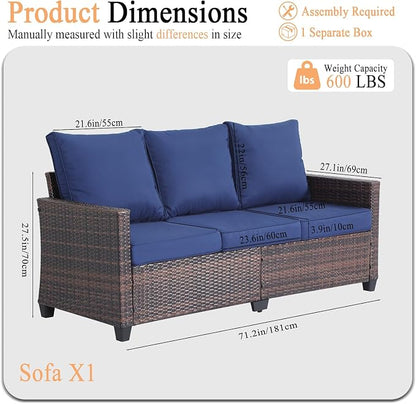EortheX 3-Seat Rattan Wicker Outdoor Patio Sofa Garden Deck Porch, Blue | weather-resistant PE rattan,quick-dry anti-slip cushions,for garden/deck/porch,rust-resistant frame,easy assembly,small space