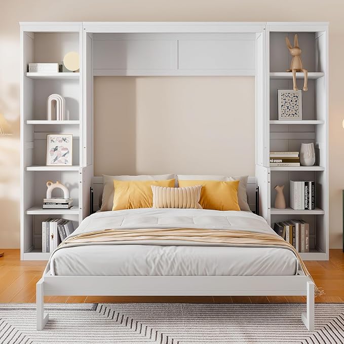 MERITLINE Queen Murphy Bed with Desk and Storage Bookcase,Wood Murphy Wall Bed Cabinet with with Storage Shelves Cabinet for Adults (Queen,White)