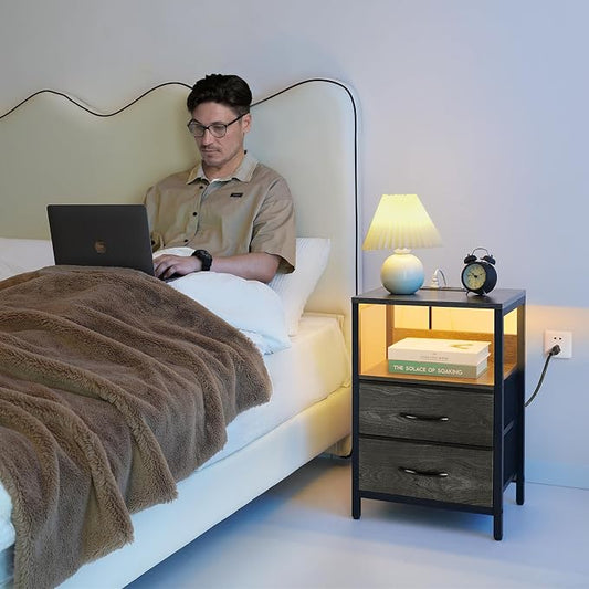 Yoobure Nightstand with Charging Station, LED Night Stand with Fabric Drawers and Storage Shelf for Bedroom, Nightstands Bedside Tables with USB Ports & Outlets, Small Night Stands, Bed Side Table
