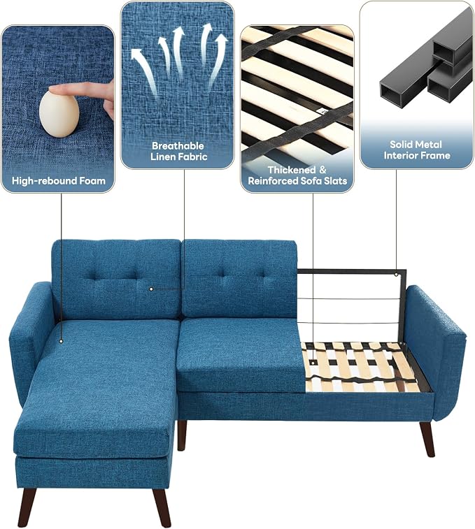 Kingfun L Shaped Couch, 80" W Mid-Century Modern Sofa, Sectional Couches, 3 Seater Sofas with Wide Chaise Lounge, Button Tufted Upholstered Sectional Sofa for Living Room, Bedroom, Blue