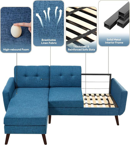 Kingfun L Shaped Couch, 80" W Mid-Century Modern Sofa, Sectional Couches, 3 Seater Sofas with Wide Chaise Lounge, Button Tufted Upholstered Sectional Sofa for Living Room, Bedroom, Blue