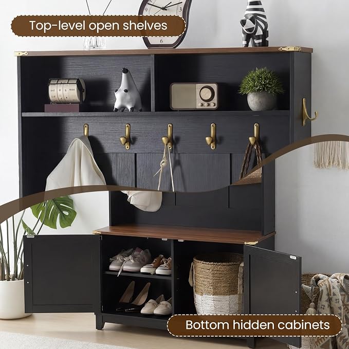 EROMMY 38" Farmhouse Hall Tree with Bench and Shoe Storage, Entryway Bench with Coat Rack, 2 Open Compartments, 7 Coat Hooks, Barn Door & Adjustable Shelf, Rustic Black and Brown