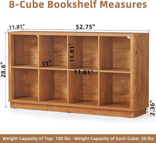 Joaxswe 8 Cube Storage Book Shelf, 52" Long Horizontal Bookshelf with Curved Edge, Floor Standing Wooden Cubby Bookcase with Base, Low Modern Console Book Case, TV Stand for Living Room, Brown