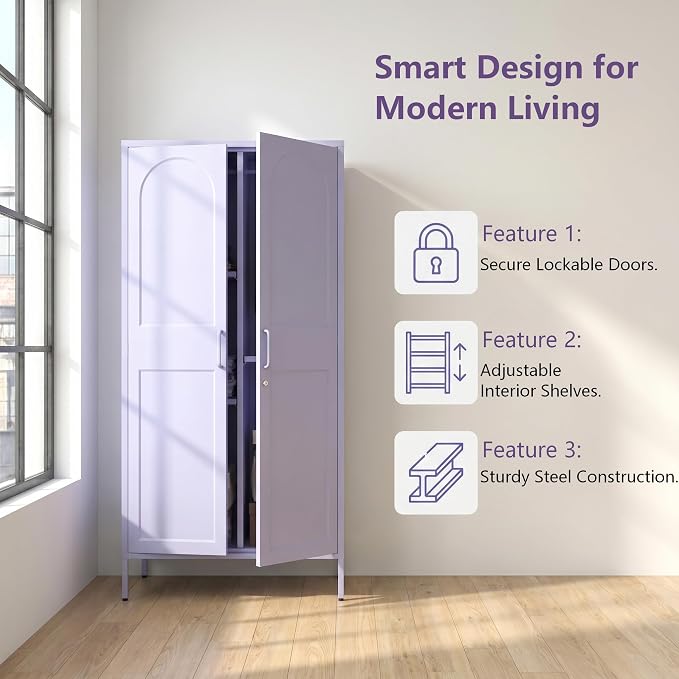 67" Industrial Lockable Metal 2-Door Wardrobe Storage Cabinet with Hanging Rod & Adjustable Shelves, Heavy Duty Multipurpose for Bedroom, Garage, Home Office, Purple 67" H X 31.5" W X 18.1" D