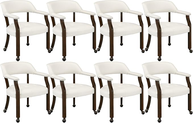 LEEMTORIG Set of 8 Dining Chairs With Casters and Arms, Large Rolling With Wheels, Poker Table, Solid Wood Boss Caption's Office, Espresso Legs & Ivory PU SY-318-WT