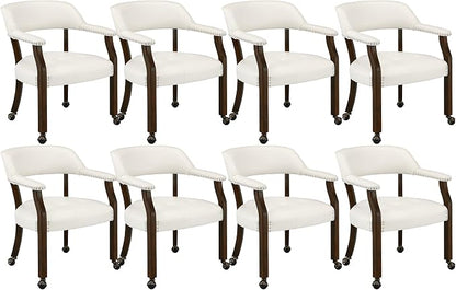 LEEMTORIG Set of 8 Dining Chairs With Casters and Arms, Large Rolling With Wheels, Poker Table, Solid Wood Boss Caption's Office, Espresso Legs & Ivory PU SY-318-WT
