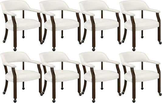 LEEMTORIG Set of 8 Dining Chairs With Casters and Arms, Large Rolling With Wheels, Poker Table, Solid Wood Boss Caption's Office, Espresso Legs & Ivory PU SY-318-WT