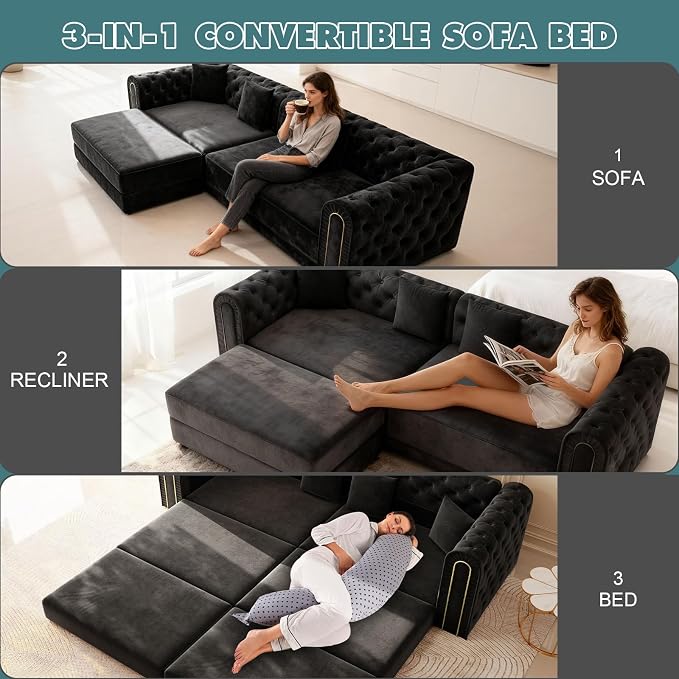 90.6'' Velvet Folding Floor Sofa Bed - 3-in-1 Convertible Sleeper Couch with Ottoman, Button Tufted Gold Edge Trim Chesterfield Sofa, Pull-Out King Size Couch Bed for Apartments, Living Room, Black | 3-in-1 Convertible