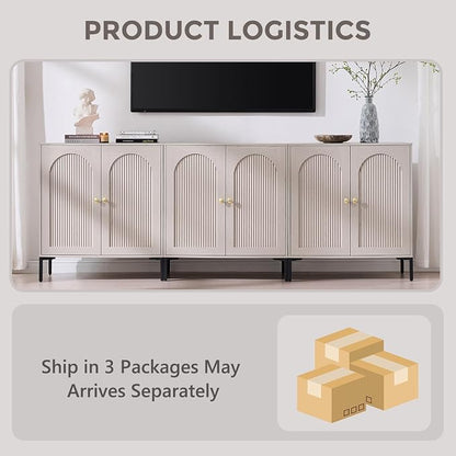 IFGET Modern Buffet Cabinet with Storage, 92.63" Fluted Arched Sideboard Cabinet w/Adjustable Shelves, Wooden Modular Coffee Bar for Dining Room, Kitchen, Living Room, Entryway, Light Grey