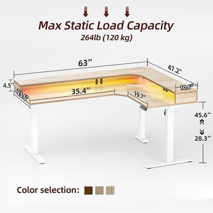 TIQLAB 63'' L-Shaped Standing Desk with LED Light Strip and Power Outlet, Height Adjustable Corner Table with Ergonomic Monitor Stand, Maple