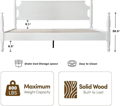 Solid Wood King Size Platform Bed Frame, A Headboard & Footboard, Under Bed Storage, 12 Strong Slats with Center Metal Legs, Anti-Noise & Slip-Free, No Box Spring Needed, Pure White Finish, ROK-39