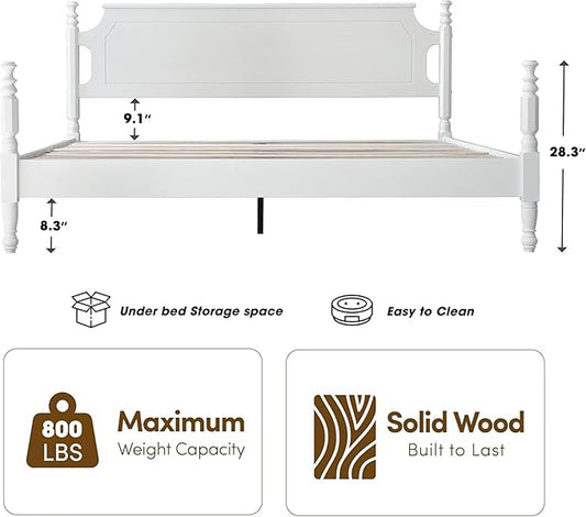 Solid Wood King Size Platform Bed Frame, A Headboard & Footboard, Under Bed Storage, 12 Strong Slats with Center Metal Legs, Anti-Noise & Slip-Free, No Box Spring Needed, Pure White Finish, ROK-39