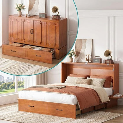 PUREMIND Queen Murphy Bed with Mattress Included, Murphy Cabinet Bed with Storage Drawer, Built-in Charging Station, Solid Wood Frame, Space-Saving Cabinet Beds for Small Spaces/Guest Room (Cherry)