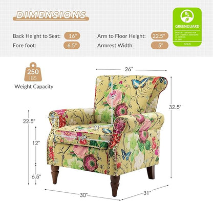 HULALA HOME Modern Wingback Accent Chair with Wood Legs & Removable Cushion, Comfy Upholstered Armchair with Nailhead Trim, Floral Pattern Single Sofa Chair for Living Room Bedroom, Mustard