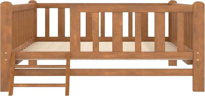 Merax Wood Twin Size Platform Bed with Guardrail, Kids Bed Frame with Stairs, Walnut
