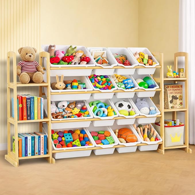 Kids Toy Storage Organizer with Bookshelf – Wooden Shelf with 16 Bins & 6 Shelves, Quick Assembly Storage Rack for Playroom, Bedroom, Nursery - White