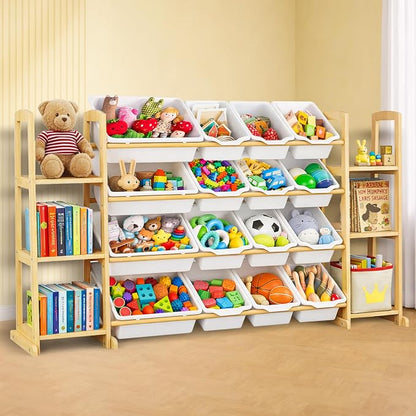 Kids Toy Storage Organizer with Bookshelf – Wooden Shelf with 16 Bins & 6 Shelves, Quick Assembly Storage Rack for Playroom, Bedroom, Nursery - White