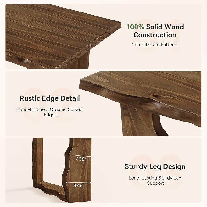 63" Live Edge Solid Wood Dining Table, Modern Rustic Kitchen Table with Sculptural Legs, 6-Person Rectangular Dinner Table for Dining Room, Kitchen,Natural Dark Brown Finish