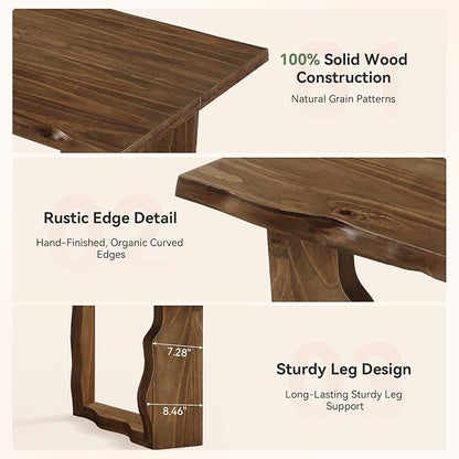 63" Live Edge Solid Wood Dining Table, Modern Rustic Kitchen Table with Sculptural Legs, 6-Person Rectangular Dinner Table for Dining Room, Kitchen,Natural Dark Brown Finish