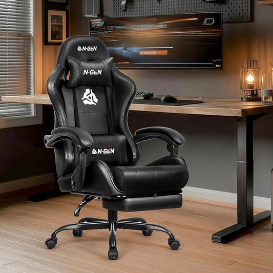 N-GEN GAMING Video Gaming Chair with Footrest Lumbar Support for Home Office High Back Recliner Height Adjustable Ergonomic Comfy Leather Computer Desk Chair (Carbon Black)