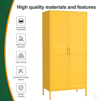 Lockable Metal Wardrobe Closet with Doors, 67" Coat Closet,Metal Storage Cabinet Locker with Removable Hanging Rod And Adjustable Shelves for Home Bedroom Office Yellow Size：67" H X 31.5" W X 18.1" D