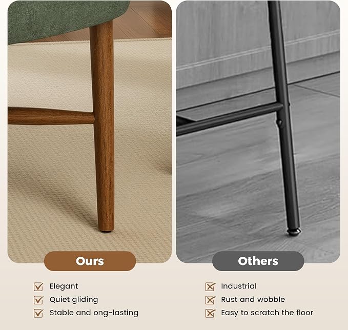 Farmhouse Dining Chairs Set of 2, Linen Seat, Wood Legs, Green | Mid Century Modern, Upholstered Padded Cushion, Solid Wood Cross-Brace, Easy 15-Min Assembly, Kitchen Dining Room