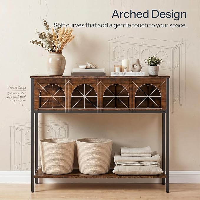 HOOBRO Narrow Console Table, Entryway Table with 3-Tier Storage, Sofa Table, Behind Couch Table with Arched Design for Living Room, Entrance, Hallway, Rustic Brown and Black BF106XG01