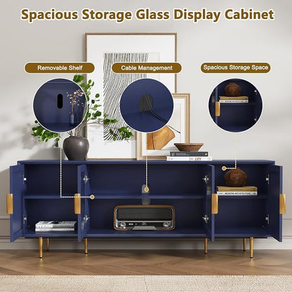 Blue TV Stand for TVs up to 75 Inch, 66" Modern Entertainment Center with Glass Door Storage, TV Cabinet Media Console for Living Room, Bedroom, Under TV Cabinet