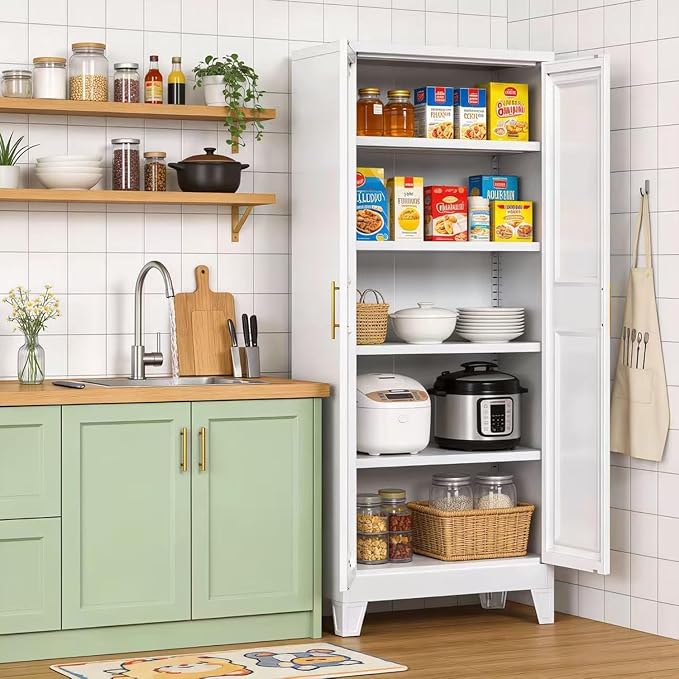 61.4" White Metal Pantry Storage Cabinet, Farmhouse Kitchen Cupboard with 3 Adjustable Shelves, Magnetic Closure, Anti-Tip Kit & Moisture-Proof Legs for Kitchen, Living Room, Assembly Required