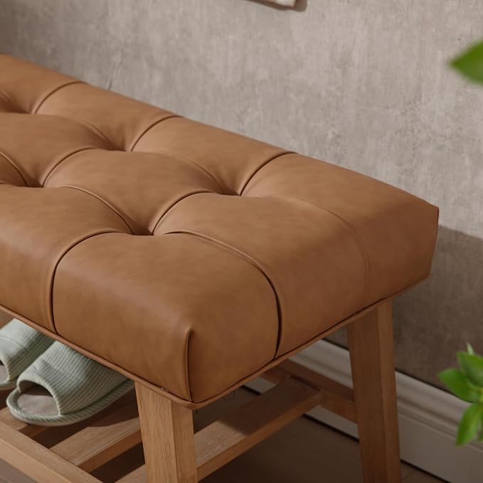 Kmax Entryway Bench with Shoe Storage, Leather Upholstered Wood Storage Bench for Living Room Window Bench for Bedroom End of Bed - PU, Brown