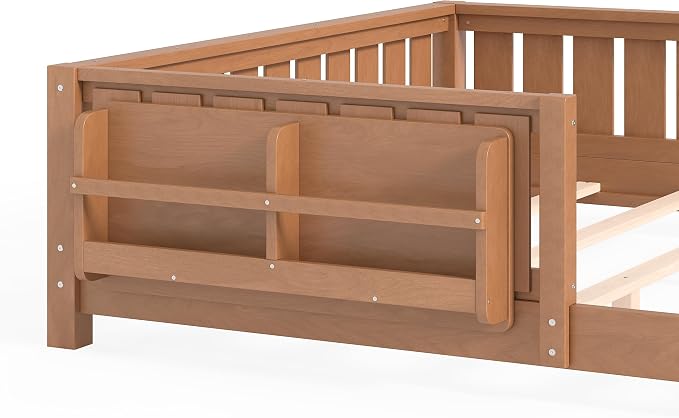 Bellemave Queen Size Floor Bed with Slats and Guardrails, Queen Size Montessori Floor Bed with Bookcase and Fence, Low Profile Montessori Beds for Kids, Natural Floor Beds Frame