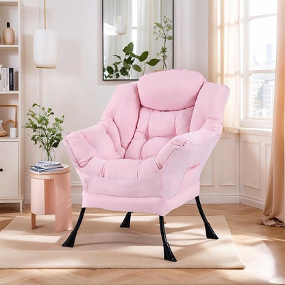 Furlide Lazy Chair for Living Room, Modern Accent Chairs with Armrests, Pink Armchairs with Side Pocket, Cozy Lazy Sofa for Reading, Balcony, Bedroom, Dorm, Small Spaces
