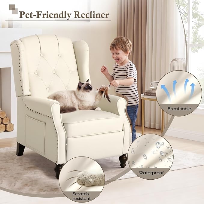 Wingback Recliner Chair with Massage & Heat, Cat-Proof Push Back Arm Chair, Recliner Chair for Living Room Bedroom Home Theater (1, Beige)