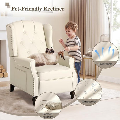 Wingback Recliner Chair with Massage & Heat, Cat-Proof Push Back Arm Chair, Recliner Chair for Living Room Bedroom Home Theater (1, Beige)