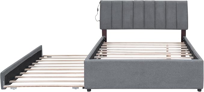 Bellemave Full Bed Frame with Trundle and LED Lights,Teddy Fleece Upholstered Platform Bed Frame with USB,Full Size Trundle Bed with Headboard for Kids Teens Adults,Gray