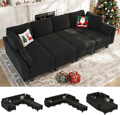 Sectional Sleeper Sofa, 8 Seaters Modular Sleeper Sofa Couch, Comfy Sectionals Couches Bed, Convertible Sofas with Ottomans, Modular Sectional Couches for Living Room, Black