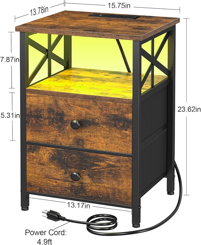 AMHANCIBLE Nightstands Set of 2 with Charging Station, LED Night Stand with 2 Storage Drawers, End Tables with USB Ports and Outlets, Modern Bedside Tables for Bedroom, Brown, HET052LBR