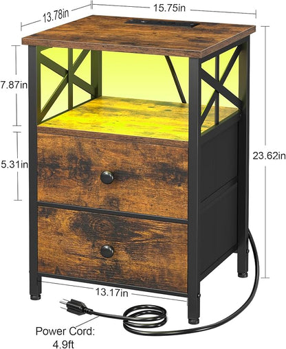 AMHANCIBLE Nightstands Set of 2 with Charging Station, LED Night Stand with 2 Storage Drawers, End Tables with USB Ports and Outlets, Modern Bedside Tables for Bedroom, Brown, HET052LBR