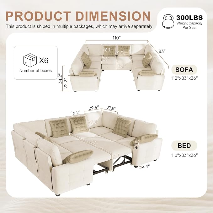 Hanherry Sectional Couch with Pull Out Sofa Bed,Chenille Sleeper Sofa with 2 Seat Storage & USB Charging,Comfy L Shaped Modular Couches for Living Room,Apartment