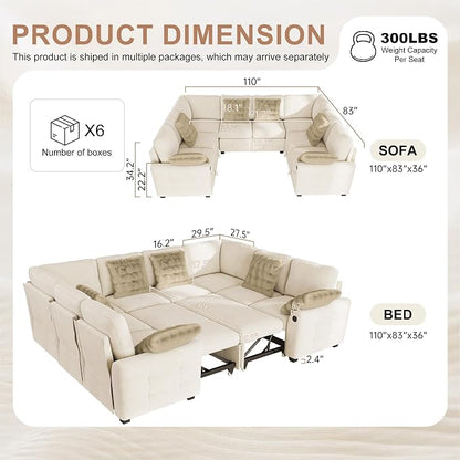 Hanherry Sectional Couch with Pull Out Sofa Bed,Chenille Sleeper Sofa with 2 Seat Storage & USB Charging,Comfy L Shaped Modular Couches for Living Room,Apartment
