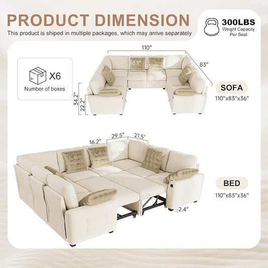 Hanherry Sectional Couch with Pull Out Sofa Bed,Chenille Sleeper Sofa with 2 Seat Storage & USB Charging,Comfy L Shaped Modular Couches for Living Room,Apartment