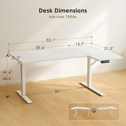 OffiGo Electric L Shaped Standing Desk, 55 Inches Height Adjustable Table, Reversible Corner Stand Up Desk, Lifting Computer Table for Home Office, Computer Workstation, White