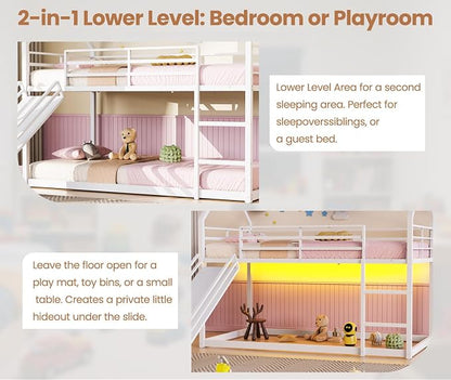 Twin Over Twin Bunk Bed with Slide 40° Gentle-Slope & LED Light, House-Shaped Low Bunk Bed Twin Size with 13.4" Extra-Tall Guardrail & Ladder, Heavy Duty, No Box Spring Needed, Easy Assembly, White