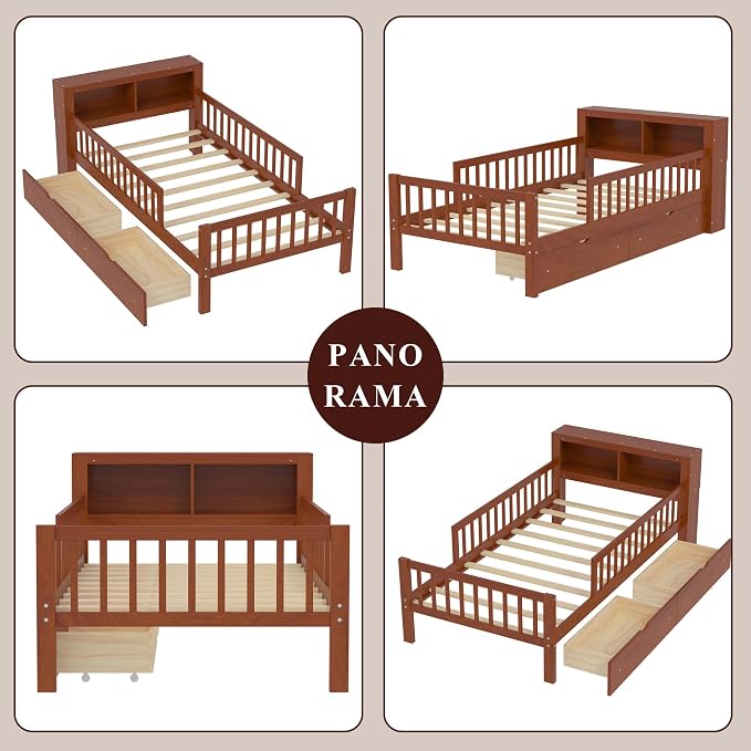 Bellemave Kids Twin Bed Frame with Fences, 2 Drawers & Storage Headboard, Twin Size Platform Bed with 3-Side Guardrails for Kids, Girls & Boys, Walnut