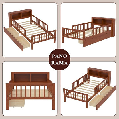 Bellemave Kids Twin Bed Frame with Fences, 2 Drawers & Storage Headboard, Twin Size Platform Bed with 3-Side Guardrails for Kids, Girls & Boys, Walnut