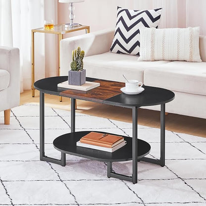 HOOBRO Coffee Table for Living Room, Oval Small Coffee Table with 2-Tier Open Storage Shelf, Industrial Cocktail Tea Table, Wooden Desktop Center Table, Home Office, Rustic Brown and Black BFK09KF01